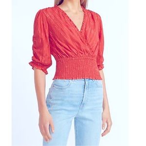 Express Metallic Striped Smocked Waist Top.